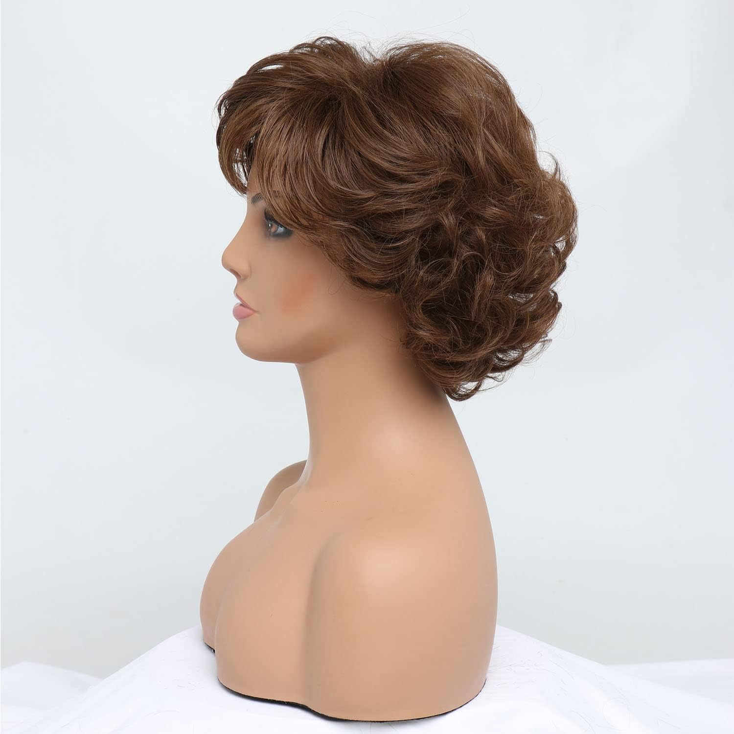 BESTUNG Dark Brown Short Honey Brown Curly Wavy Ladies Wig with Hair Bangs For Middle-Aged Women 100% Imported Premium Synthetic Fashion Brown Hair Wigs for Women (Dark Brown) - Image 7