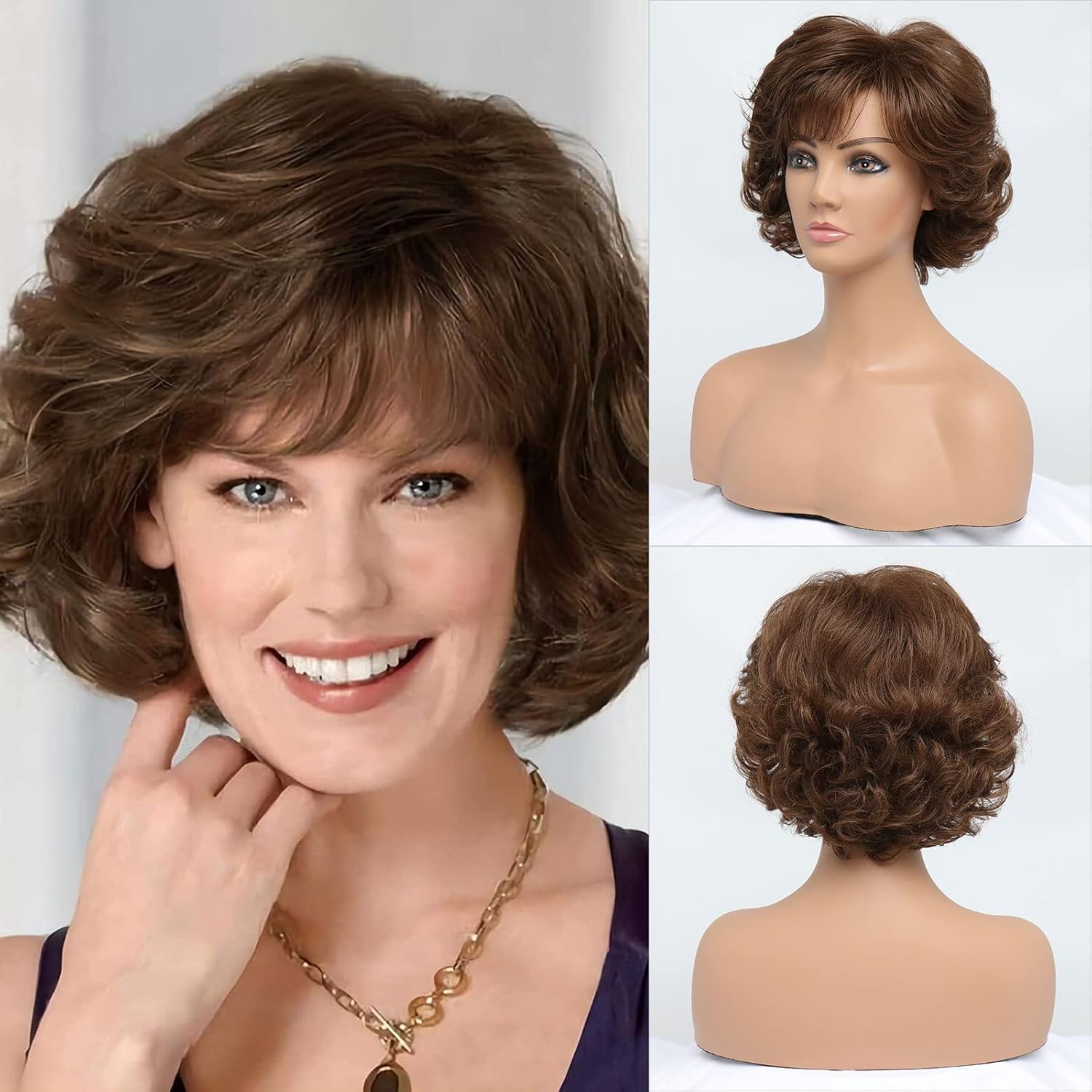 BESTUNG Dark Brown Short Honey Brown Curly Wavy Ladies Wig with Hair Bangs For Middle-Aged Women 100% Imported Premium Synthetic Fashion Brown Hair Wigs for Women (Dark Brown) - Image 9