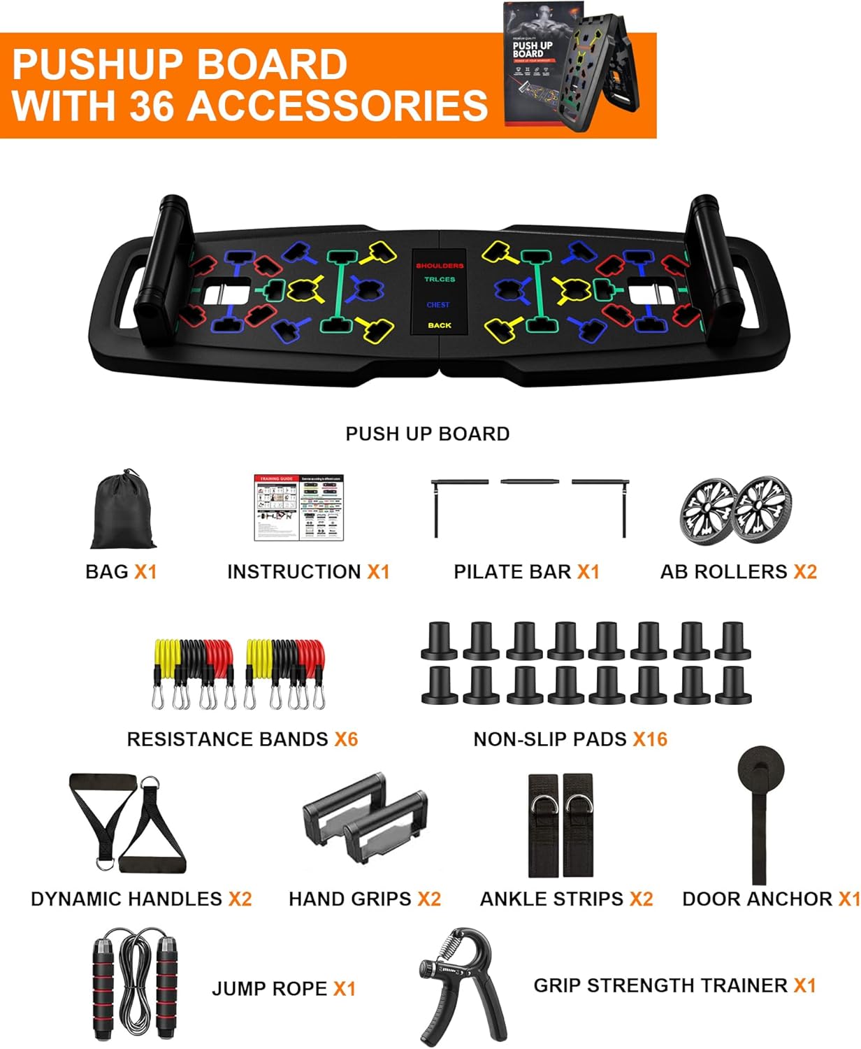22-in-1 Home Gym Equipment, Portable Push Up Stands Press Up Board Handles for floor Home Gym Systems with 36 Gym Accessories, Resistance Band Bar,Abdominal Rollers - Image 4