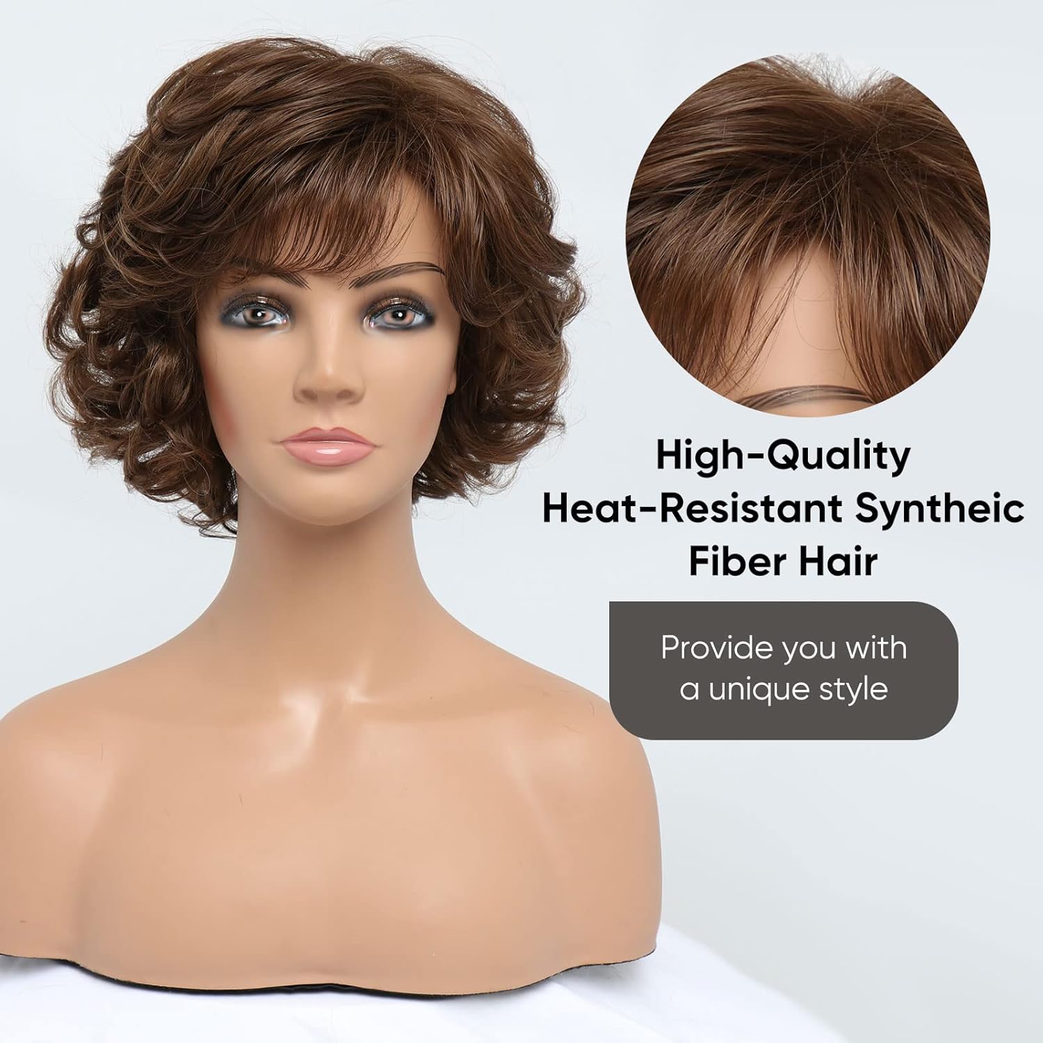 BESTUNG Dark Brown Short Honey Brown Curly Wavy Ladies Wig with Hair Bangs For Middle-Aged Women 100% Imported Premium Synthetic Fashion Brown Hair Wigs for Women (Dark Brown) - Image 5