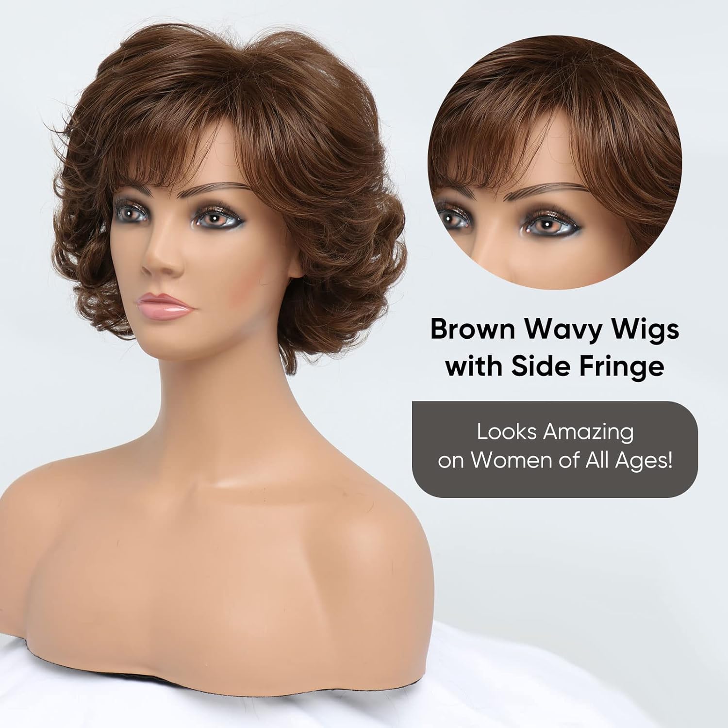 BESTUNG Dark Brown Short Honey Brown Curly Wavy Ladies Wig with Hair Bangs For Middle-Aged Women 100% Imported Premium Synthetic Fashion Brown Hair Wigs for Women (Dark Brown) - Image 4