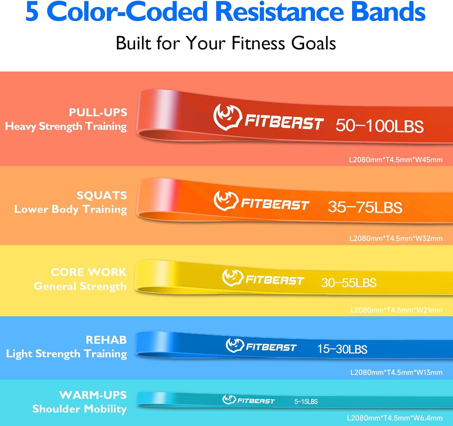 FitBeast Resistance Bands Set, 5 Levels Pull Up Bands for CrossFit, Powerlifting, Muscle Building, Home Gym Workout, Stretching, Stretch Bands with Door Anchor & Carry Bag - Image 3