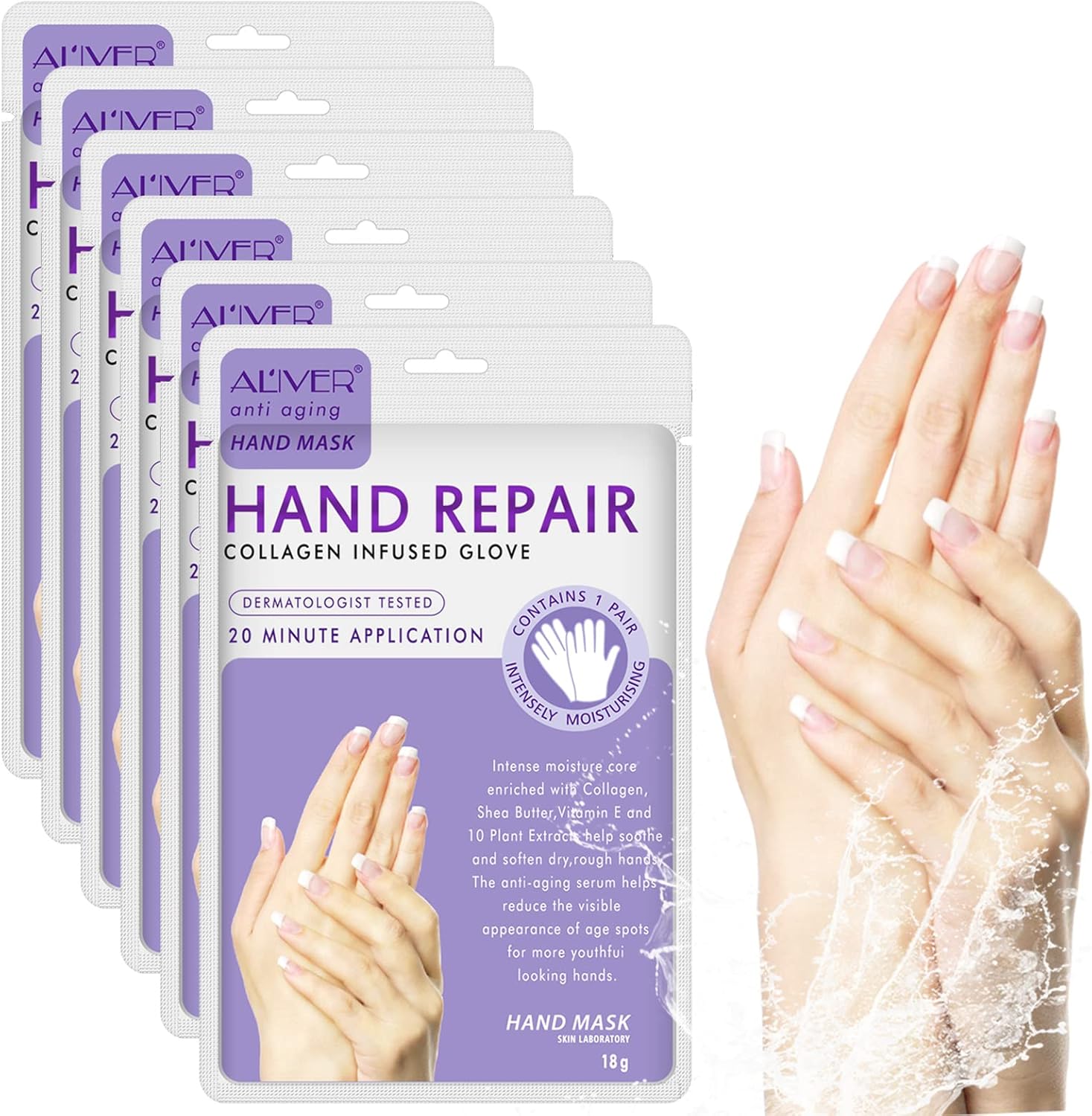 CCKULOOB Hand Mask, 6 Pairs Super Hydrating Hand Mask Moisturizing Hand Mask that Enriched with Collagen, Shea Butter, and Vitamin-E to Revive Dry, Rough and Cracked Skin (6 Lavender) - Image 2