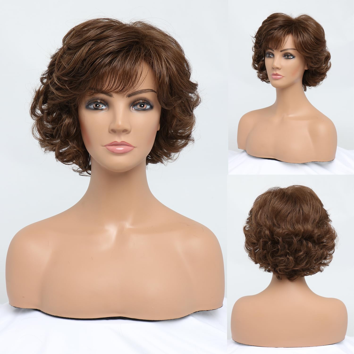 BESTUNG Dark Brown Short Honey Brown Curly Wavy Ladies Wig with Hair Bangs For Middle-Aged Women 100% Imported Premium Synthetic Fashion Brown Hair Wigs for Women (Dark Brown) - Image 2