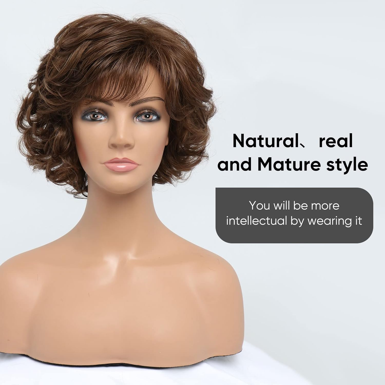 BESTUNG Dark Brown Short Honey Brown Curly Wavy Ladies Wig with Hair Bangs For Middle-Aged Women 100% Imported Premium Synthetic Fashion Brown Hair Wigs for Women (Dark Brown) - Image 3