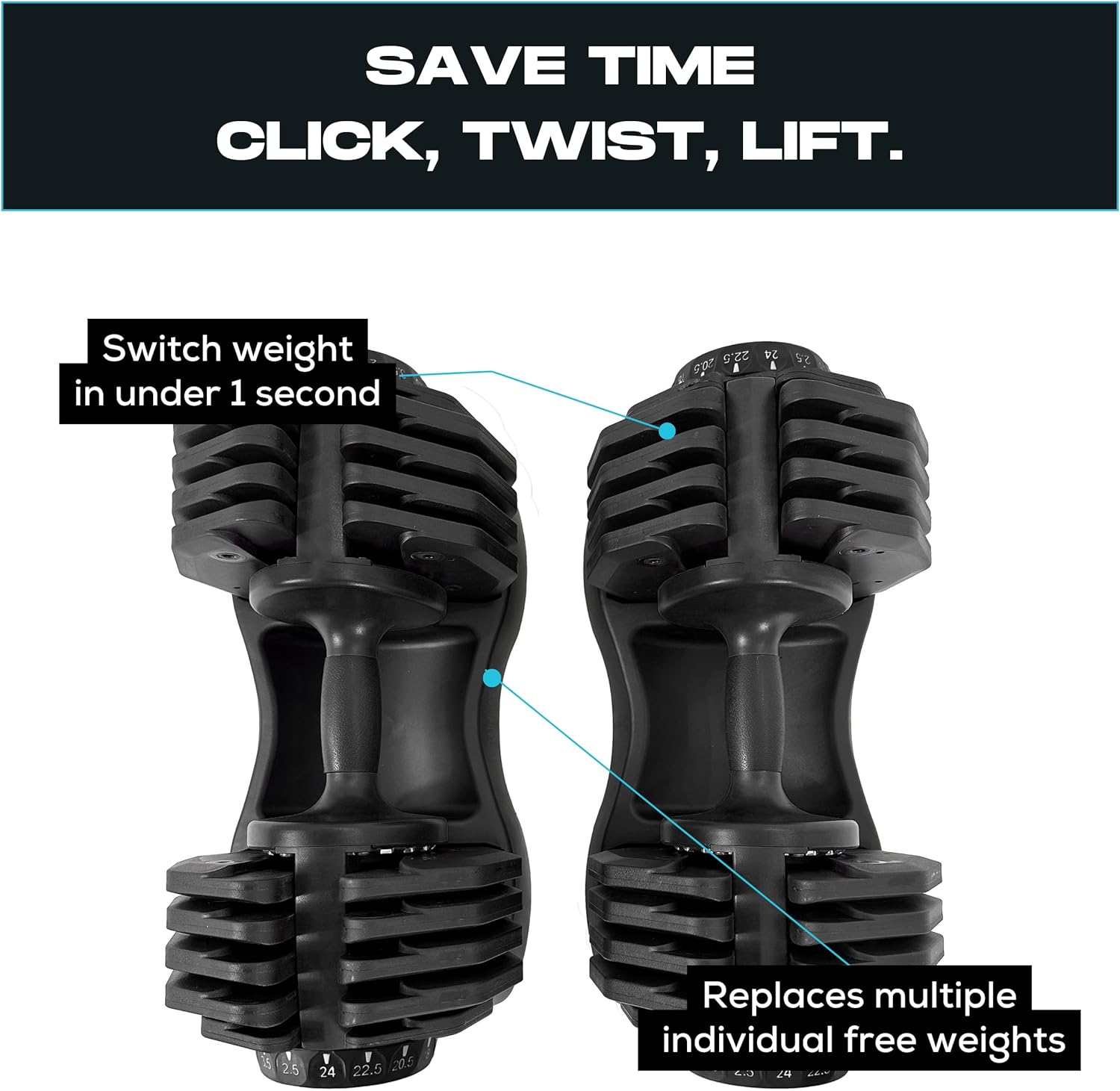 BRAINGAIN Adjustable Dumbbells Set 24kg / 40kg Pair | Space Saving Adjustable Weights for Home Gym | Multiple Dumbbells in One | Smart Click Technology - Image 7