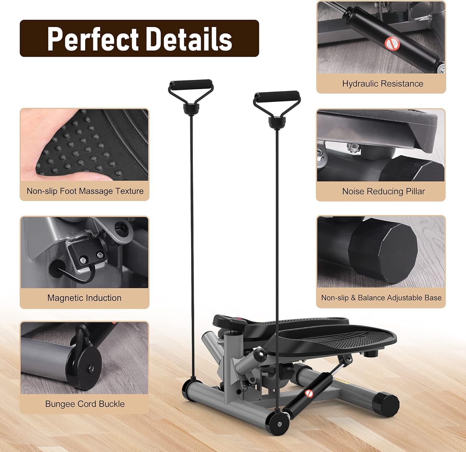 leikefitness Premium Portable Twist Stair Stepper Adjustable Resistance, Twisting Step Fitness Machine with Bands and LCD Monitor (ST6610-Silver) - Image 6