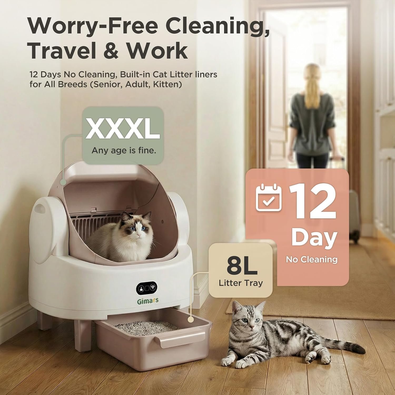 Gimars Open Top Design Self Cleaning Litter Box, Automatic Cat Litter Box for Multiple Cats & Senior Cats, App Control with Safety Sensors, Low Odor, Includes Trash Bags & Litter Mat, Champagne - Image 4