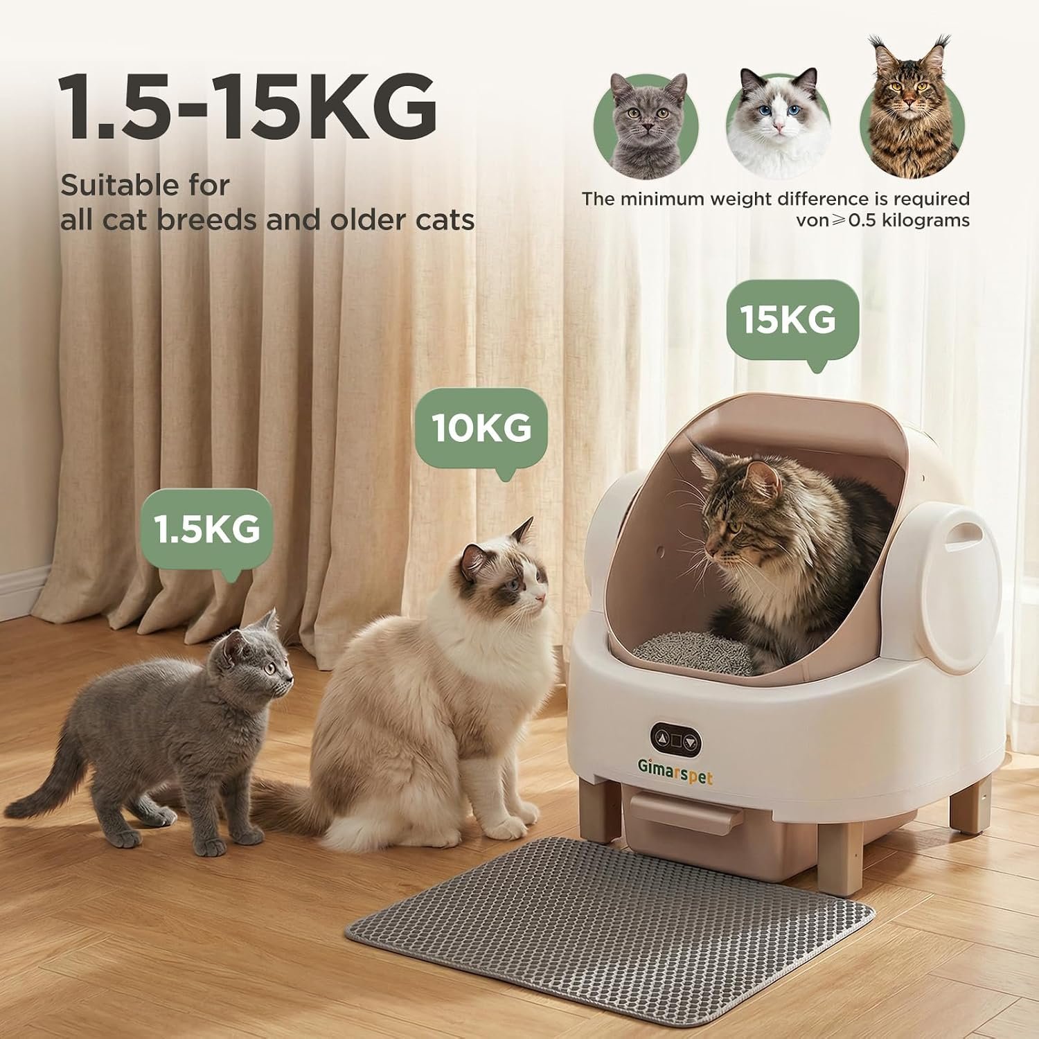 Gimars Open Top Design Self Cleaning Litter Box, Automatic Cat Litter Box for Multiple Cats & Senior Cats, App Control with Safety Sensors, Low Odor, Includes Trash Bags & Litter Mat, Champagne - Image 7