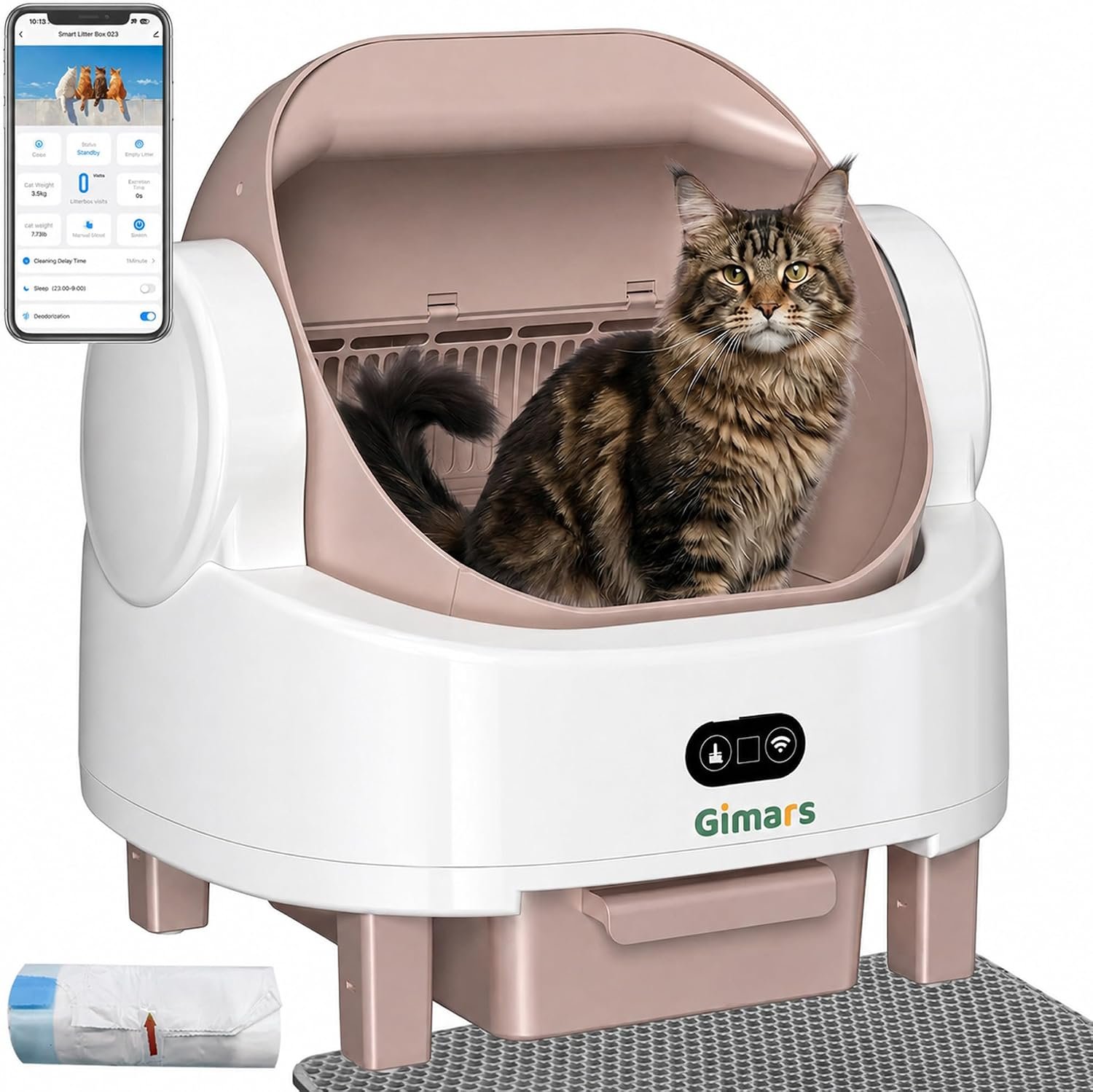 Gimars Open Top Design Self Cleaning Litter Box, Automatic Cat Litter Box for Multiple Cats & Senior Cats, App Control with Safety Sensors, Low Odor, Includes Trash Bags & Litter Mat, Champagne - Image 2