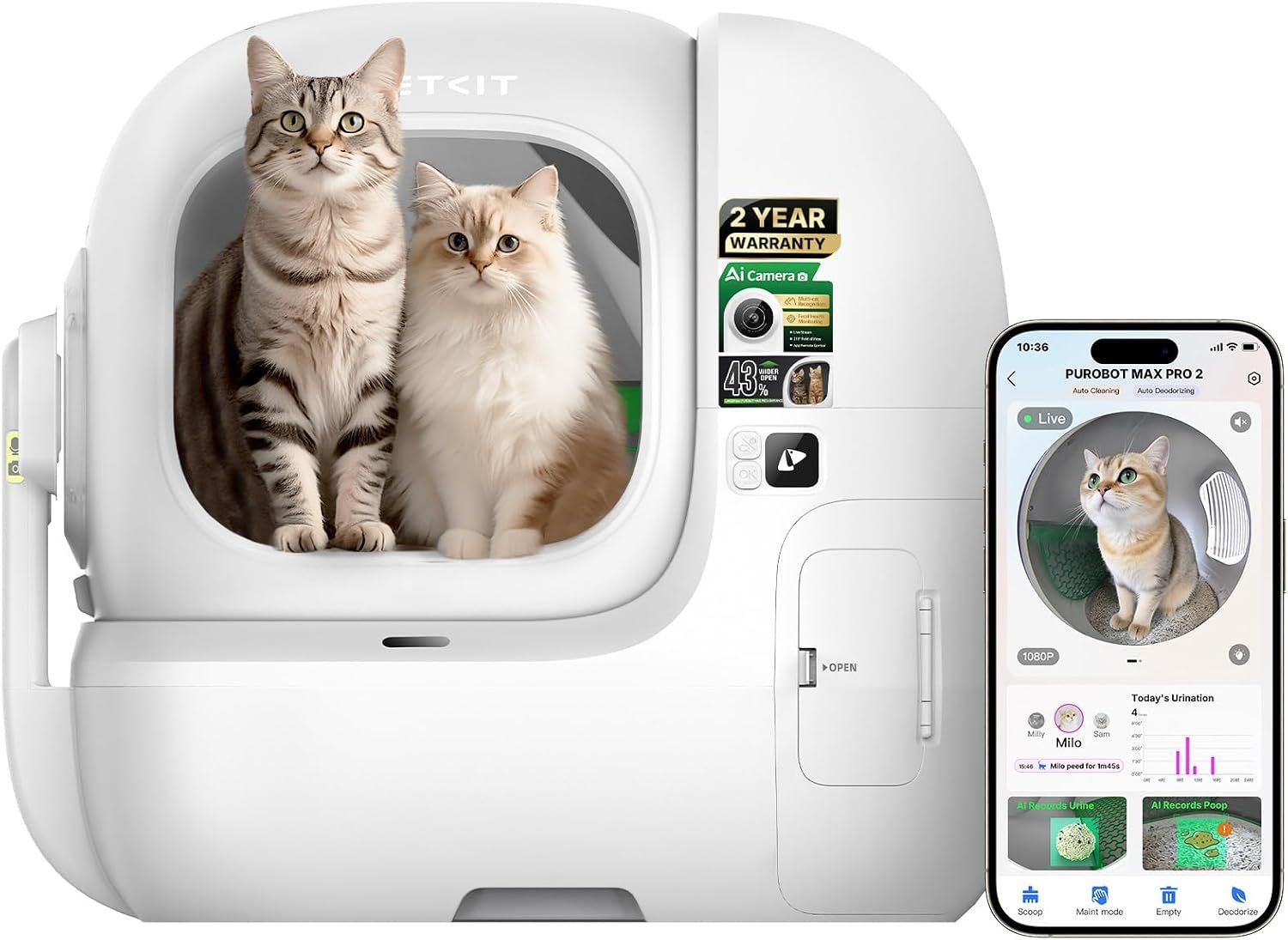 PETKIT PUROBOT MAX PRO 2 Self Cleaning Cat Litter Tray with AI Camera, Facial Recognition & Health Insights, Smart App & Odour Control Automatic Cat Litter Box, Quiet & Spacious for Multiple Cats - Image 2