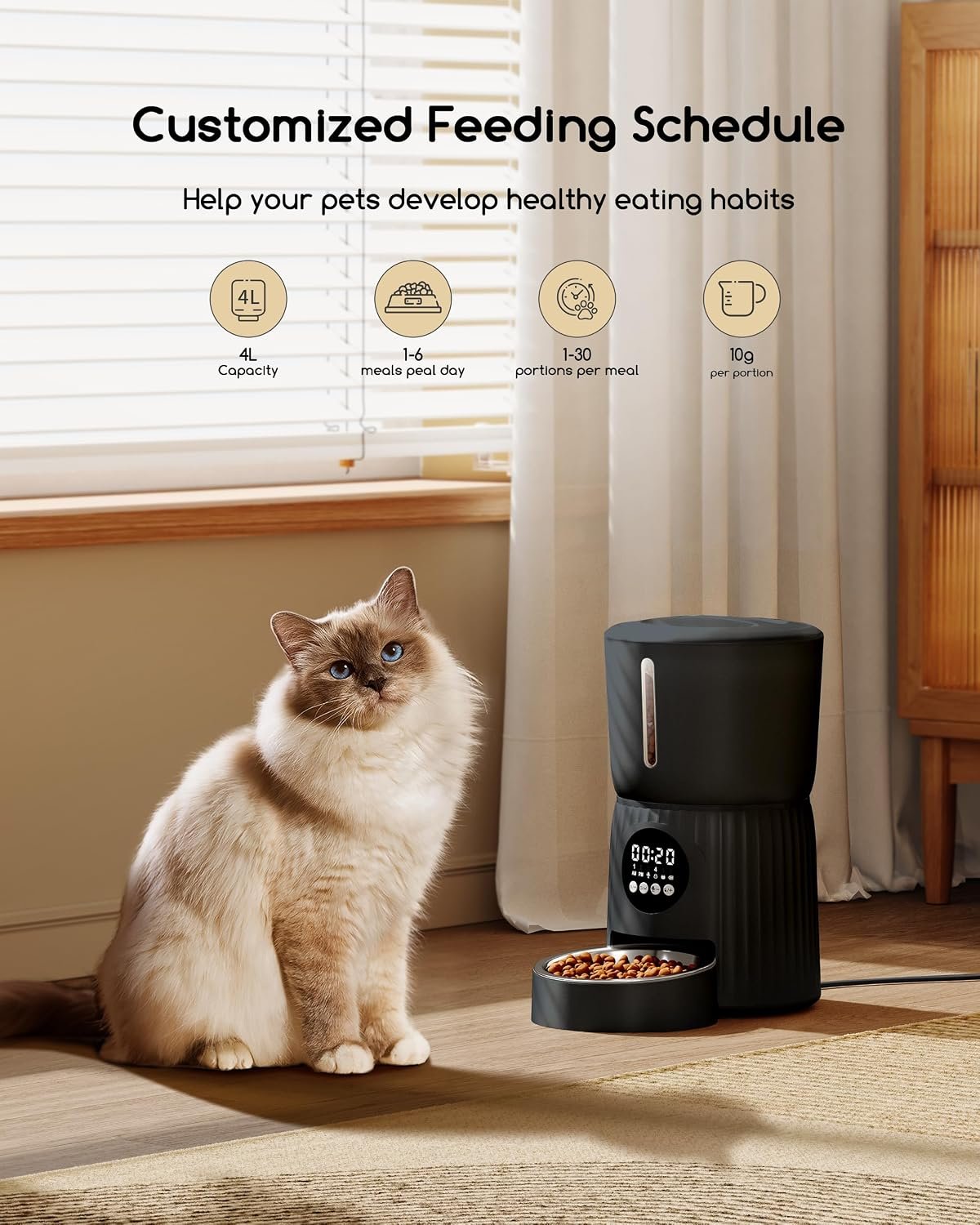 Faroro Automatic Cat Feeder, 4L Cat Feeder Automatic with Timer, Portion Control & 10s Voice Recording, 1-6 Meals for Cats & Small Dogs (Black) - Image 3