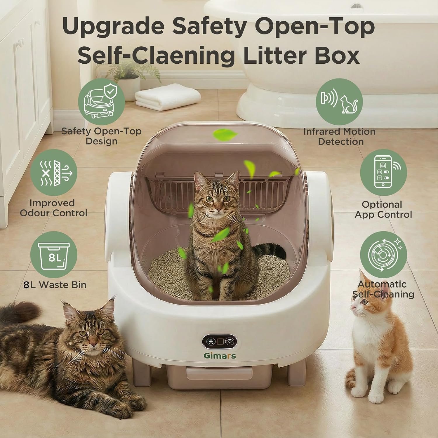 Gimars Open Top Design Self Cleaning Litter Box, Automatic Cat Litter Box for Multiple Cats & Senior Cats, App Control with Safety Sensors, Low Odor, Includes Trash Bags & Litter Mat, Champagne - Image 8