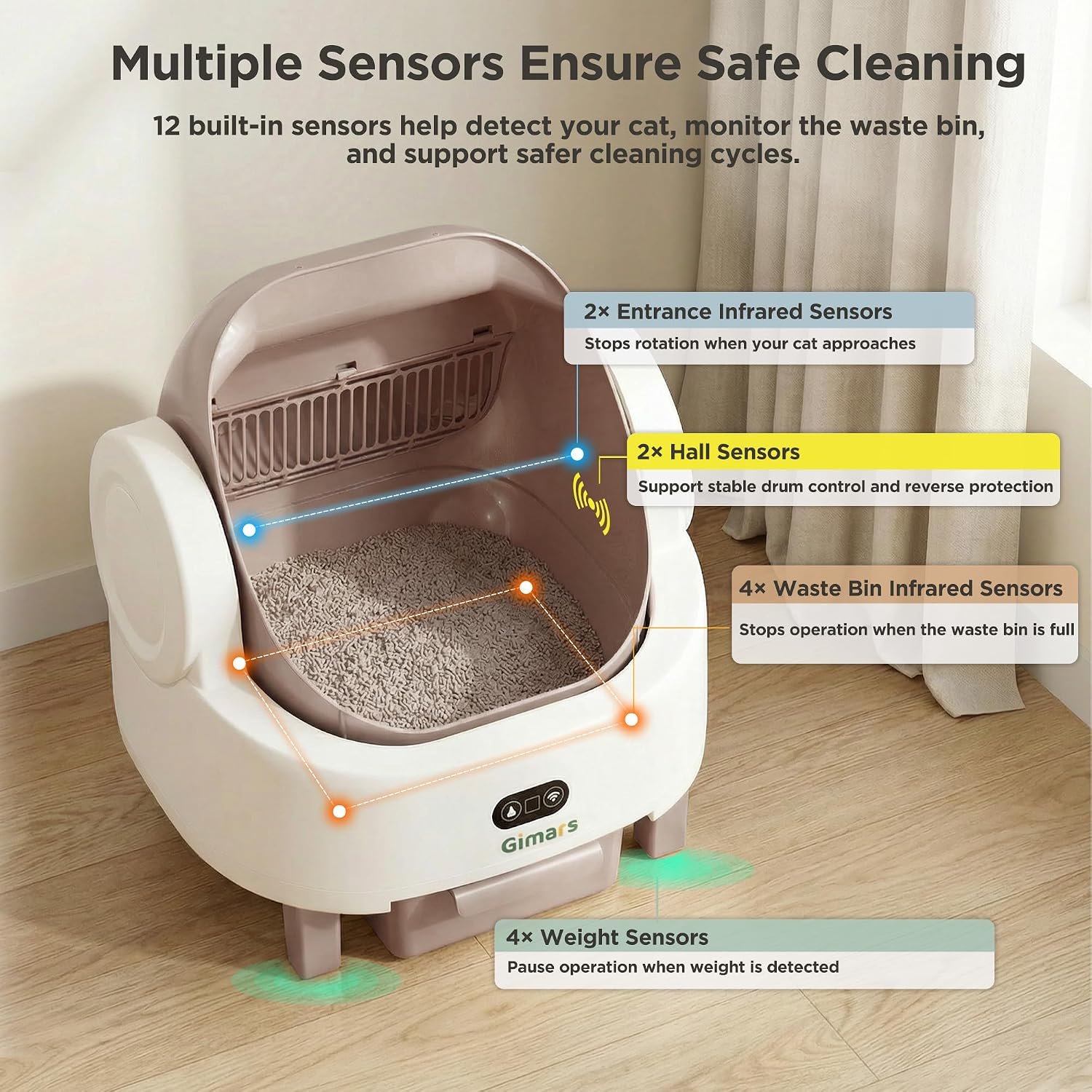 Gimars Open Top Design Self Cleaning Litter Box, Automatic Cat Litter Box for Multiple Cats & Senior Cats, App Control with Safety Sensors, Low Odor, Includes Trash Bags & Litter Mat, Champagne - Image 6